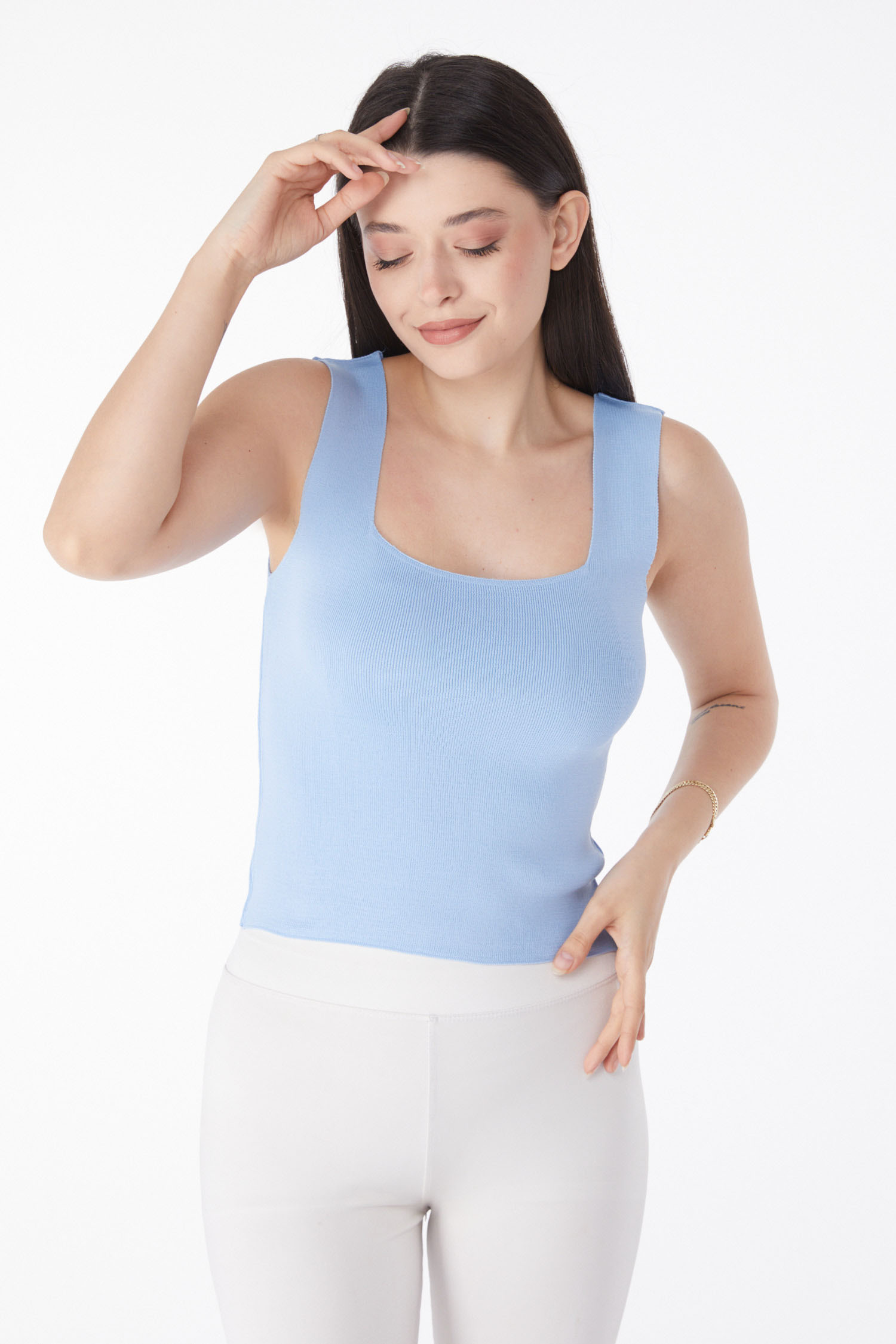 Düz Orta Kadın Bebe Mavi Yazlık Triko Crop - 25220 - 3