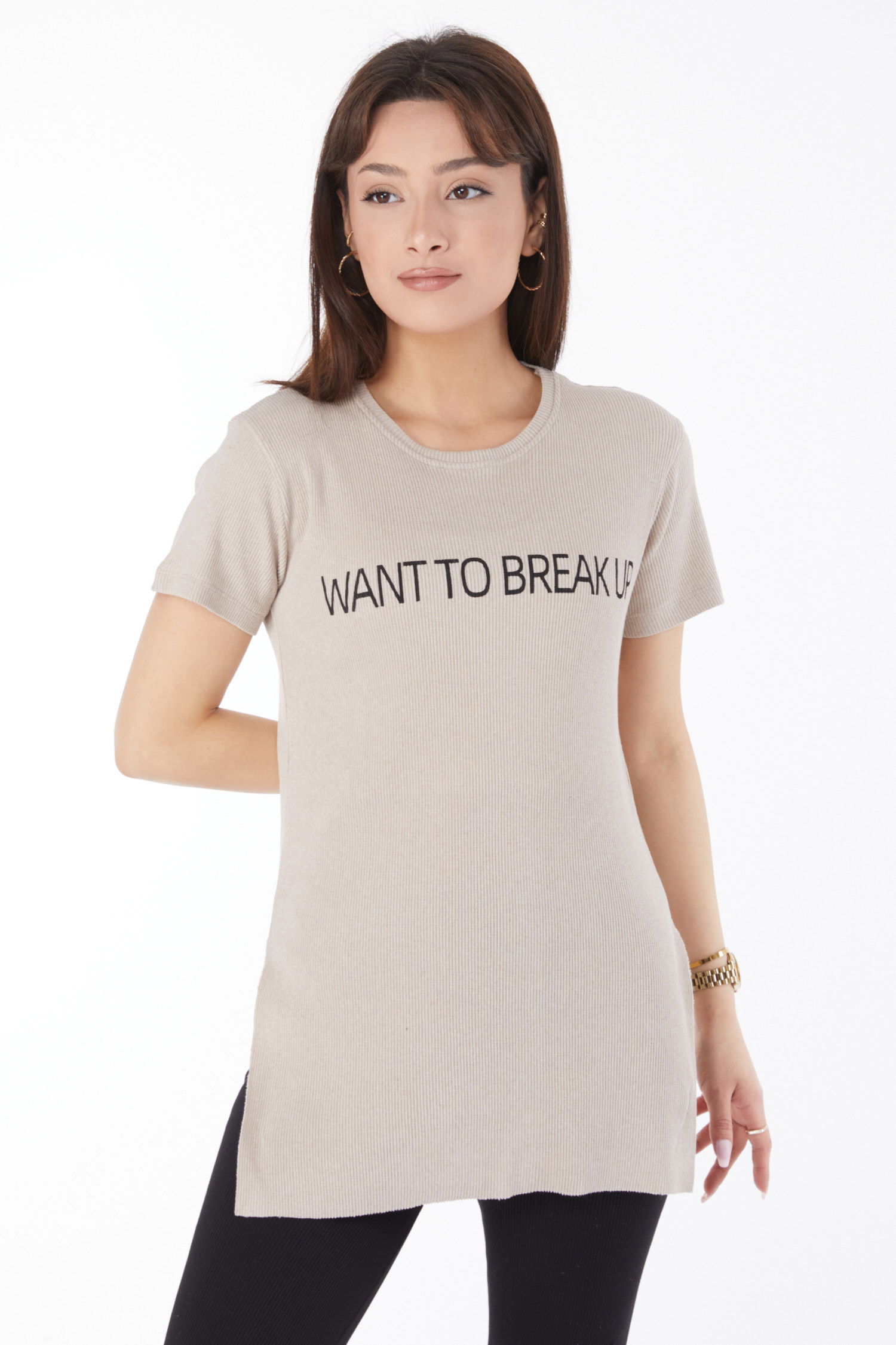 Düz Orta Kadın Bej Baskılı Yırtmaçlı T-shirt - 24791 - 3