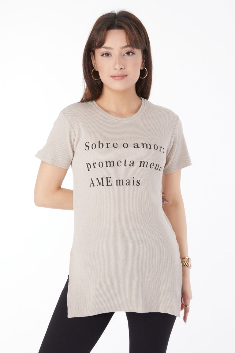 Baskılı Yırtmaçlı T-shirt Bej - 24792 - TOFİSA