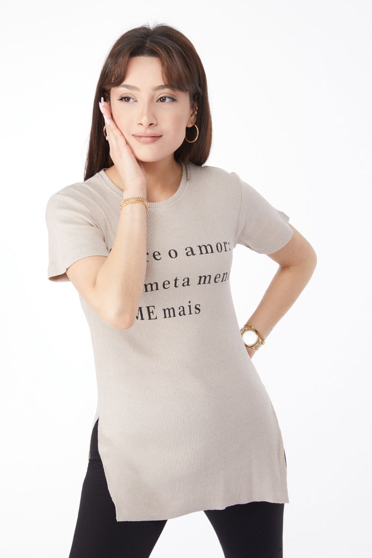 Baskılı Yırtmaçlı T-shirt Bej - 24792 - TOFİSA
