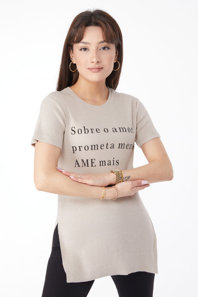 Baskılı Yırtmaçlı T-shirt Bej - 24792 - TOFİSA