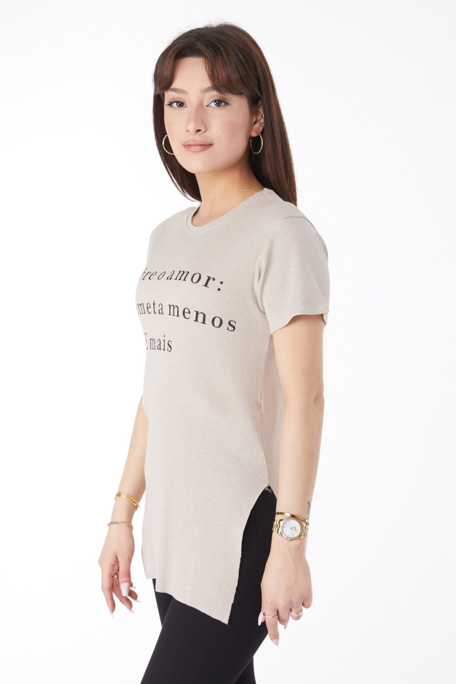 Baskılı Yırtmaçlı T-shirt Bej - 24792 - 4