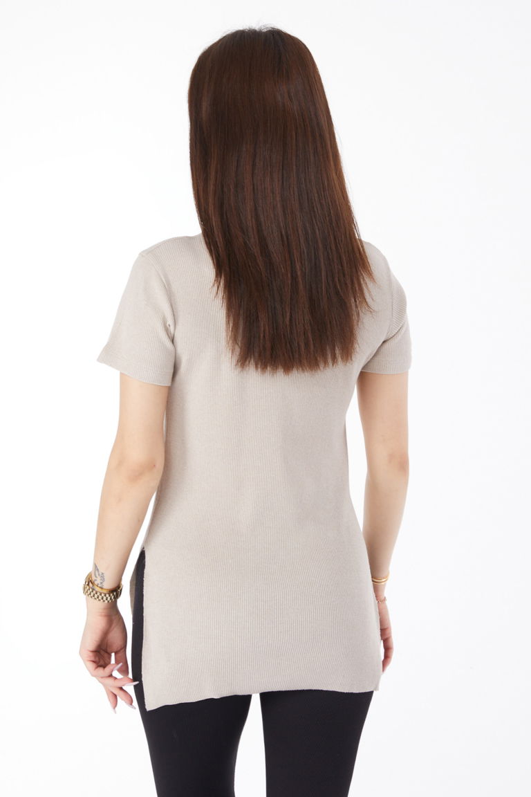 Baskılı Yırtmaçlı T-shirt Bej - 24792 - TOFİSA