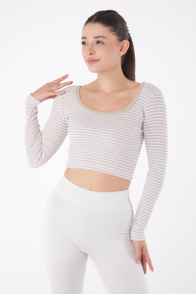 Düz Orta Kadın Bej Çizgili Crop - 26119 