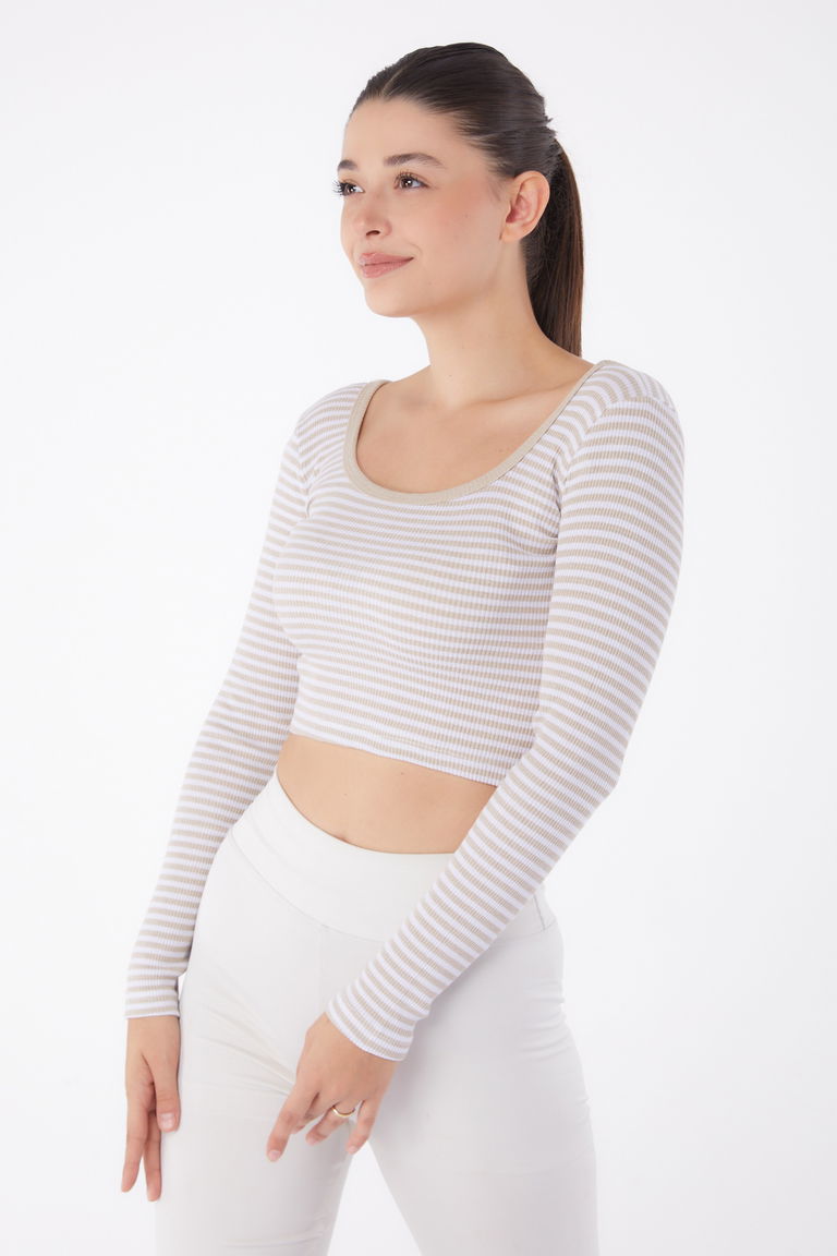 Düz Orta Kadın Bej Çizgili Crop - 26119 - TOFİSA