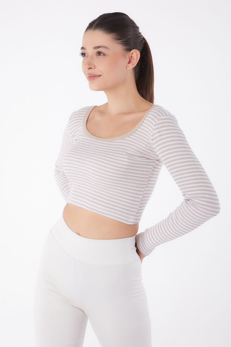 Düz Orta Kadın Bej Çizgili Crop - 26119 - TOFİSA
