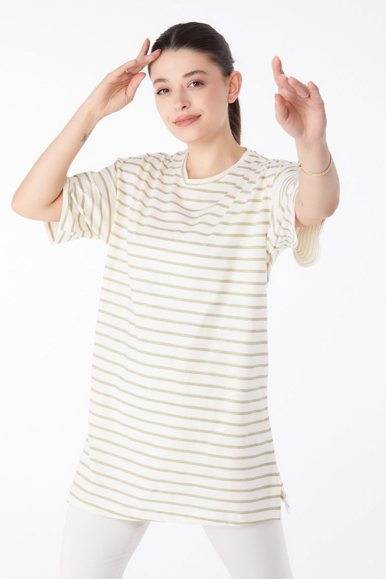 Düz Orta Kadın Bej çizgili t-shirt - 25376 - TOFİSA