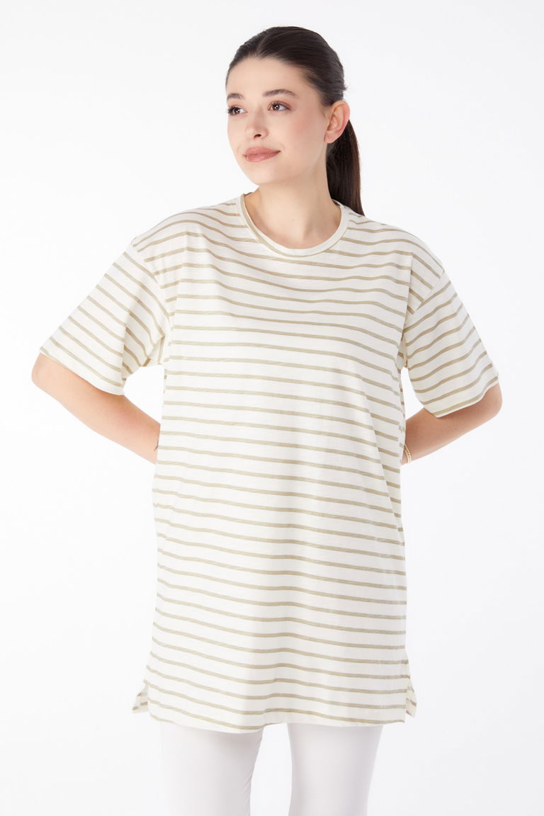Düz Orta Kadın Bej çizgili t-shirt - 25376 - TOFİSA