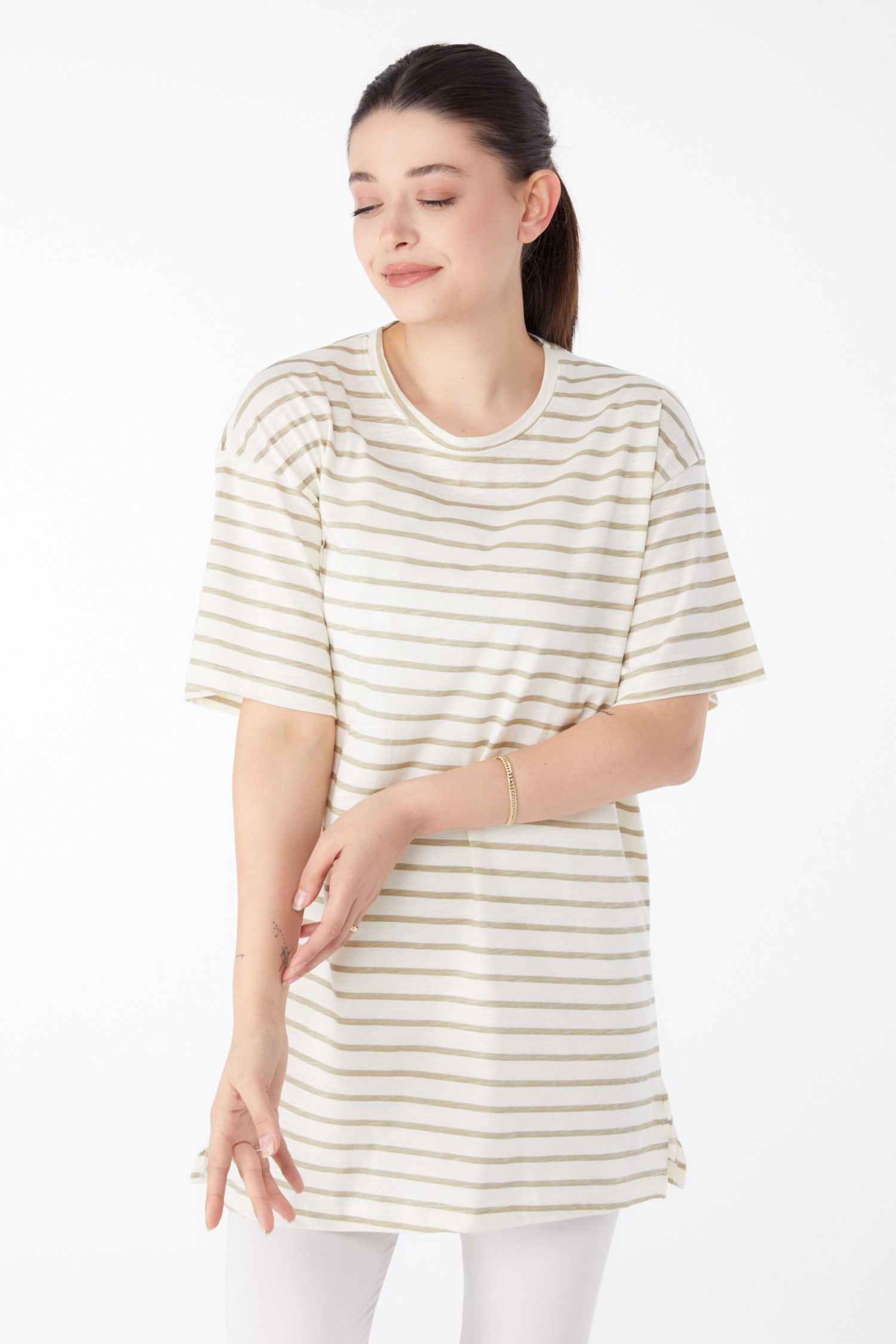 Düz Orta Kadın Bej çizgili t-shirt - 25376 - 3