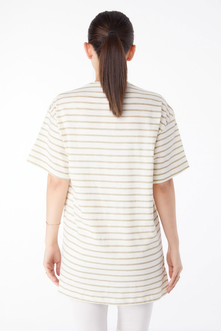 Düz Orta Kadın Bej çizgili t-shirt - 25376 - TOFİSA
