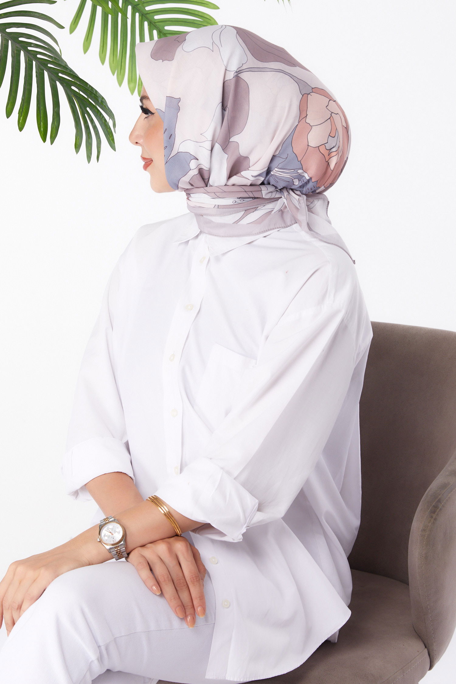Düz Orta Kadın Bej Desenli Eşarp - 26158 - 3