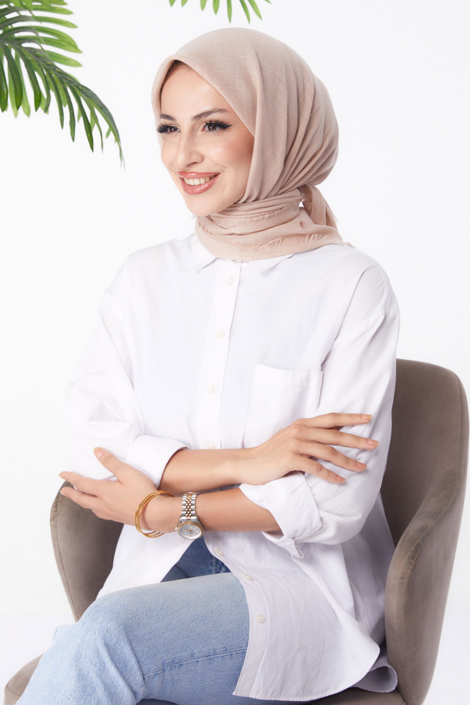 Düz Orta Kadın Bej Eşarp - 26146 - 2