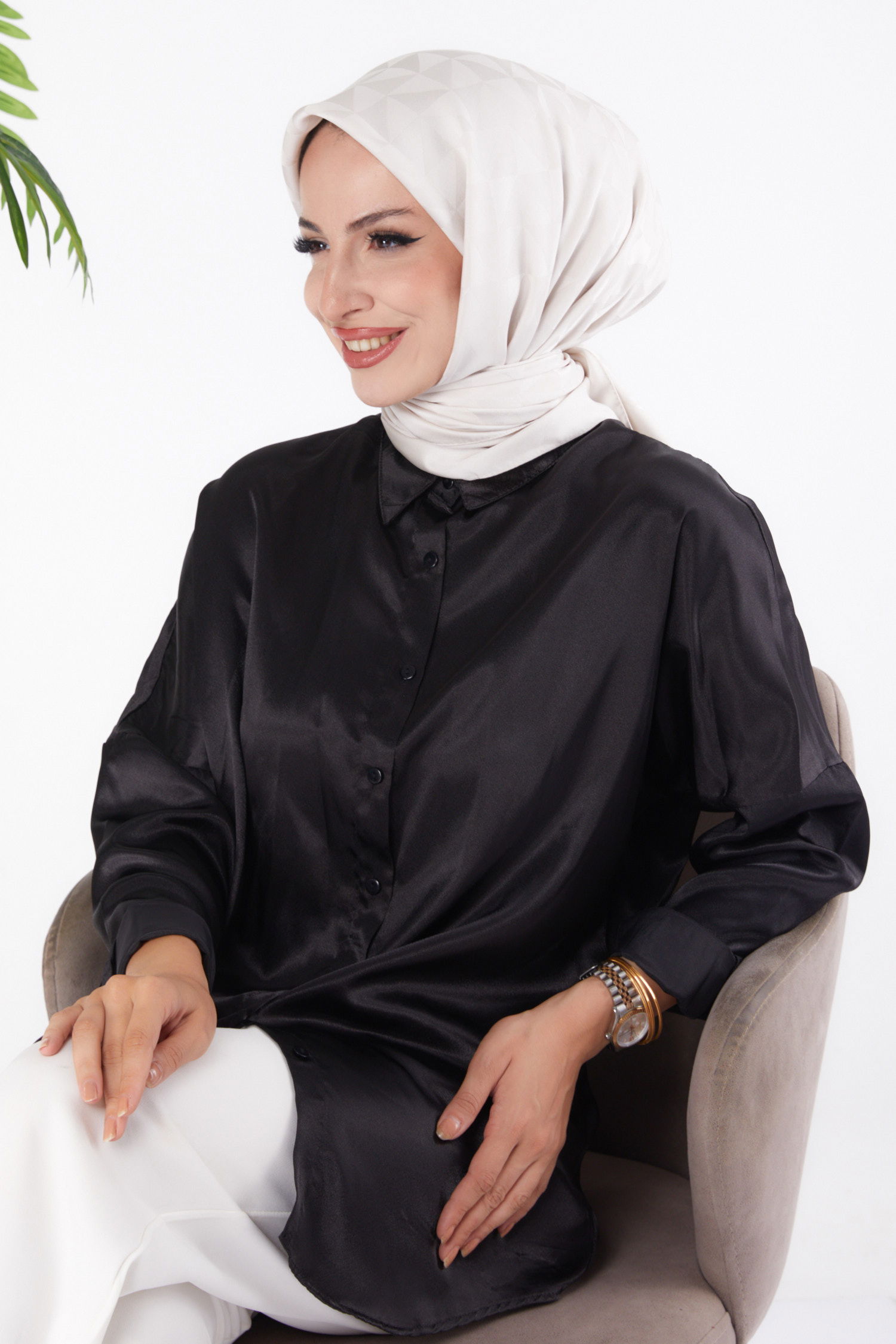 Düz Orta Kadın Bej Janjanlı Eşarp - 26156 - 2