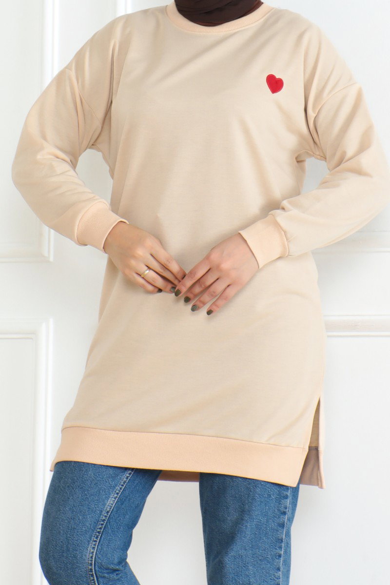 Düz Orta Kadın Bej Kalpli Tunik - 26604 - 3