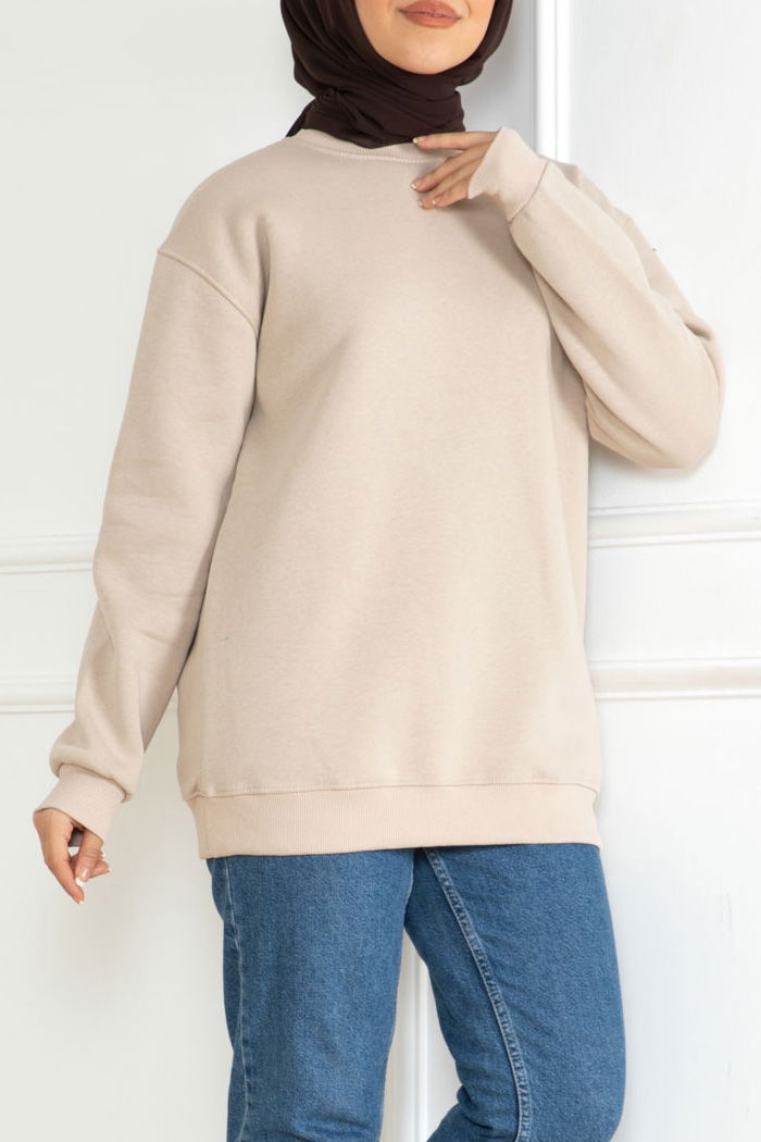 Düz Orta Kadın Bej Sweatshirt - 26617 - 1
