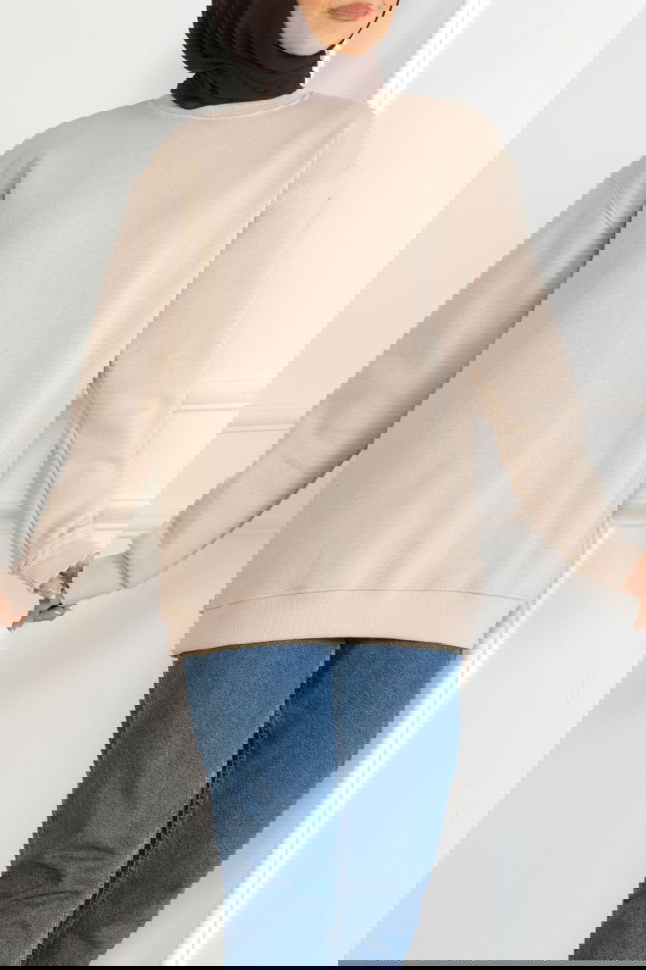 Düz Orta Kadın Bej Sweatshirt - 26617 - 3