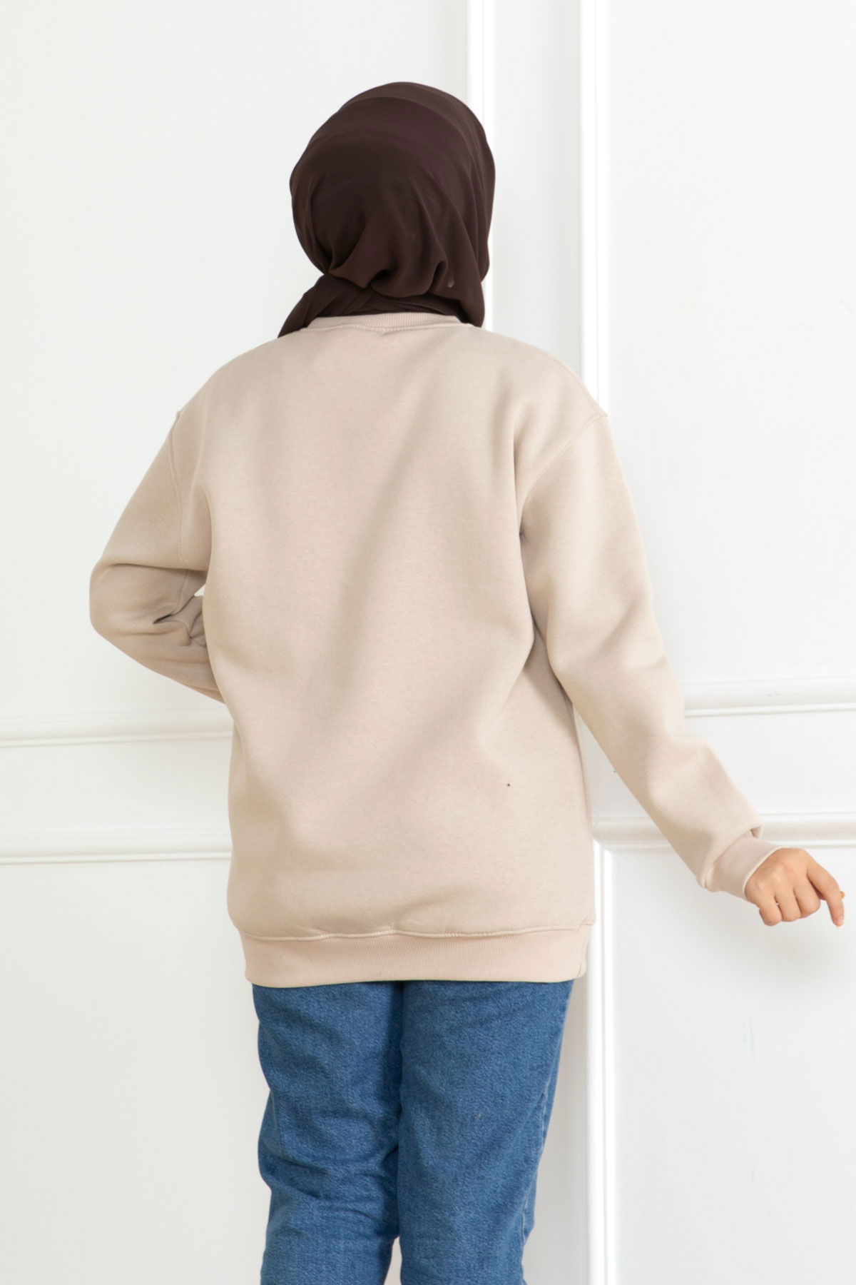 Düz Orta Kadın Bej Sweatshirt - 26617 - 4