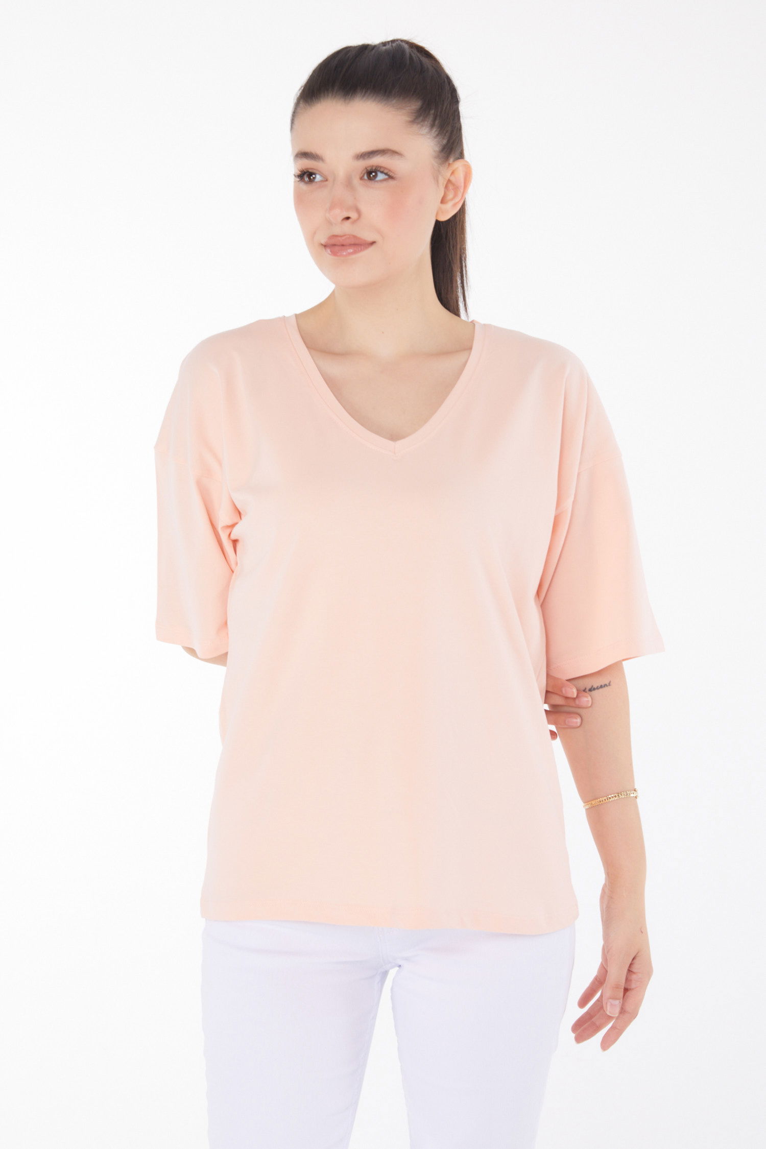 Düz Orta Kadın Bej T-Shirt - 25848 - 1