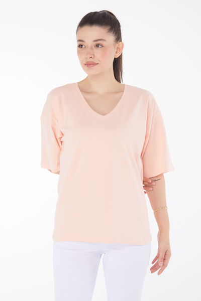 Düz Orta Kadın Bej T-Shirt - 25848 