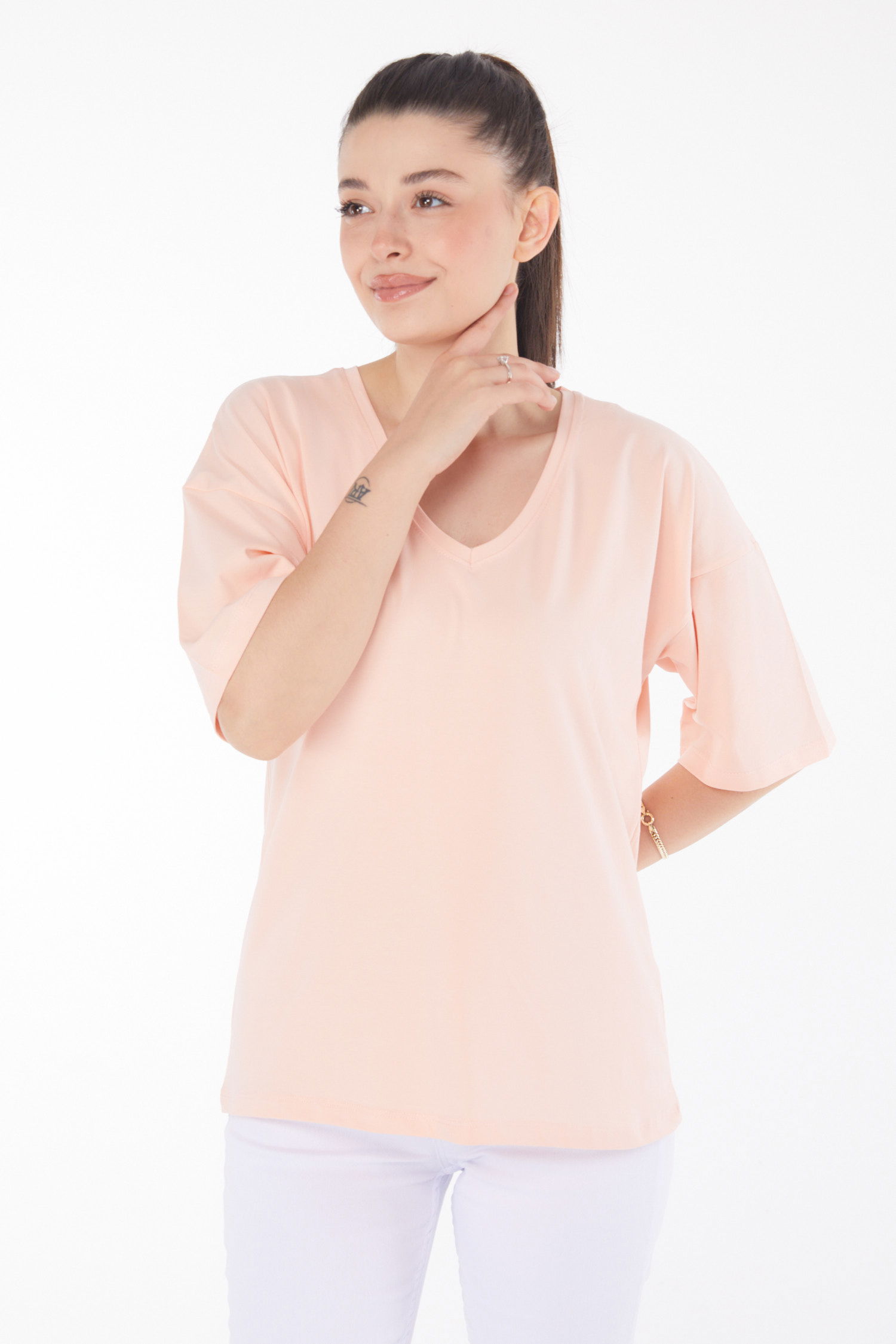 Düz Orta Kadın Bej T-Shirt - 25848 - 2