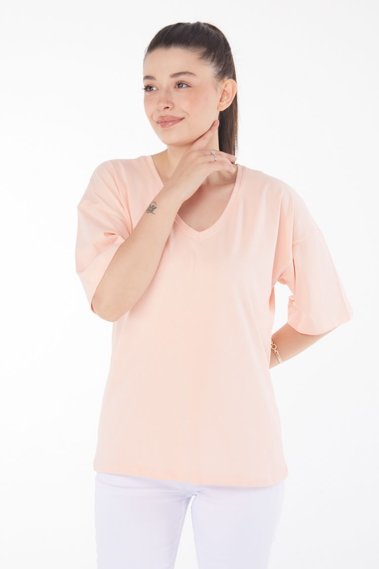 Düz Orta Kadın Bej T-Shirt - 25848 - TOFİSA