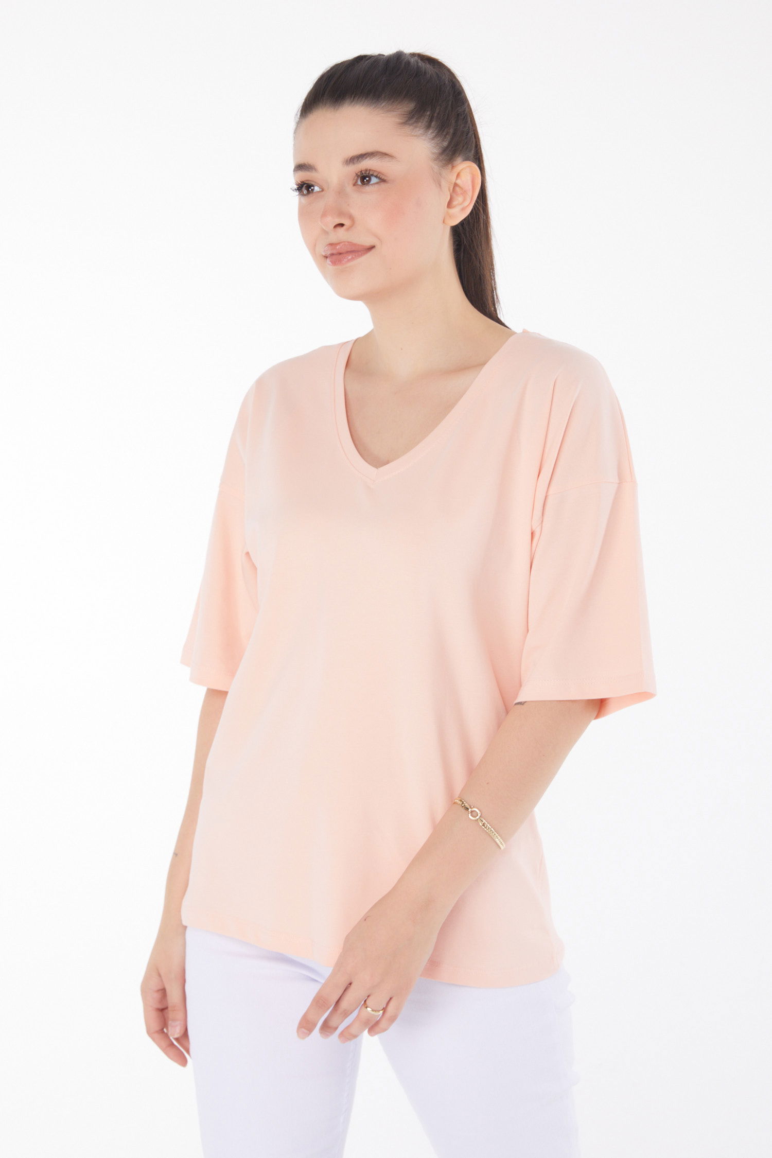 Düz Orta Kadın Bej T-Shirt - 25848 - 3