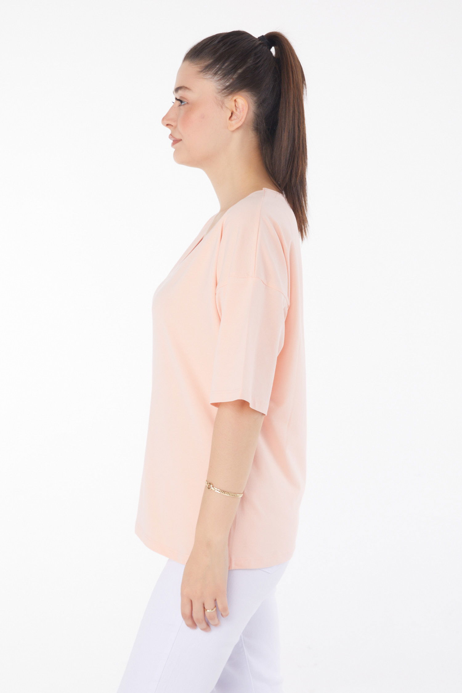 Düz Orta Kadın Bej T-Shirt - 25848 - 4