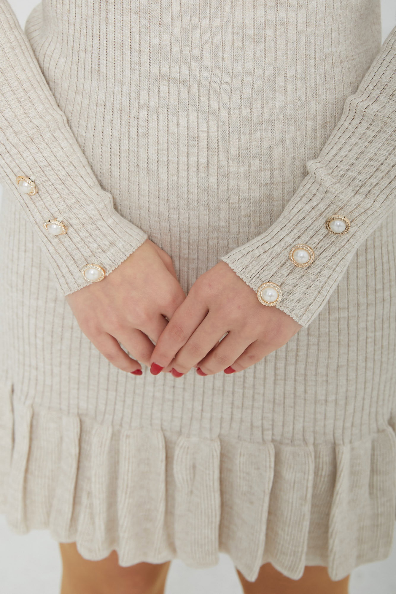 Triko Midi Elbise Bej - 26688 - 5