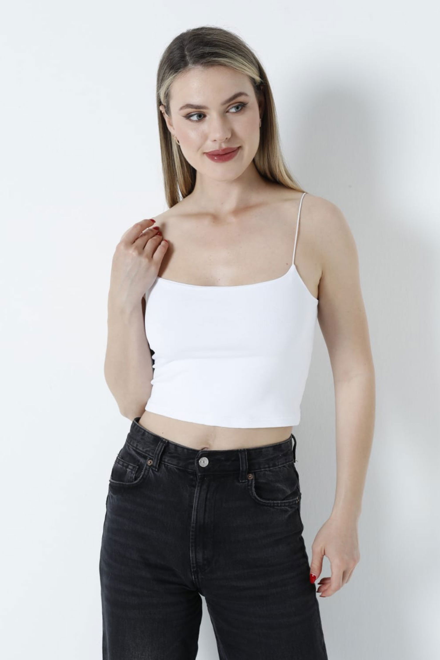 Düz Orta Kadın Beyaz Atlet Crop - 26344 - 1