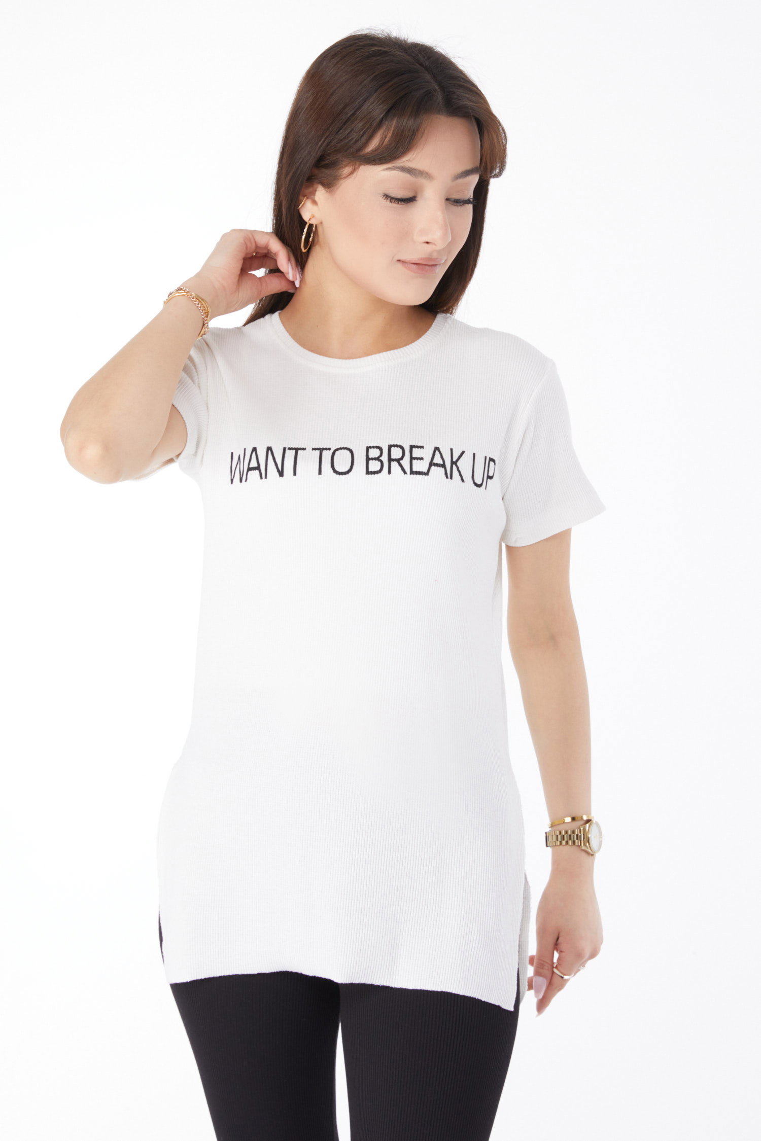 Düz Orta Kadın Beyaz Baskılı Yırtmaçlı T-shirt - 24791 - 2
