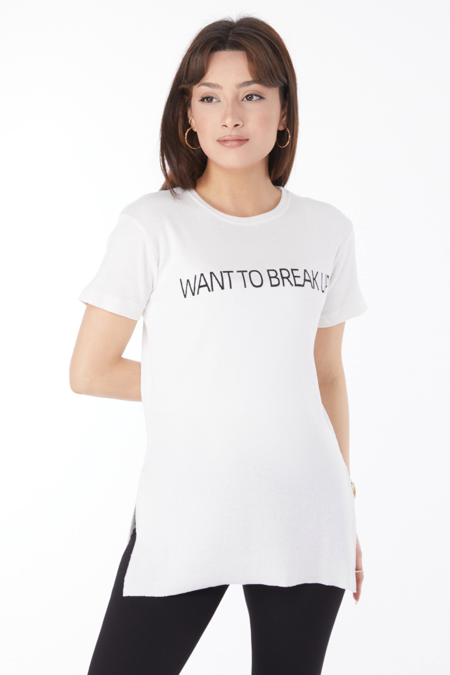 Düz Orta Kadın Beyaz Baskılı Yırtmaçlı T-shirt - 24791 - 3
