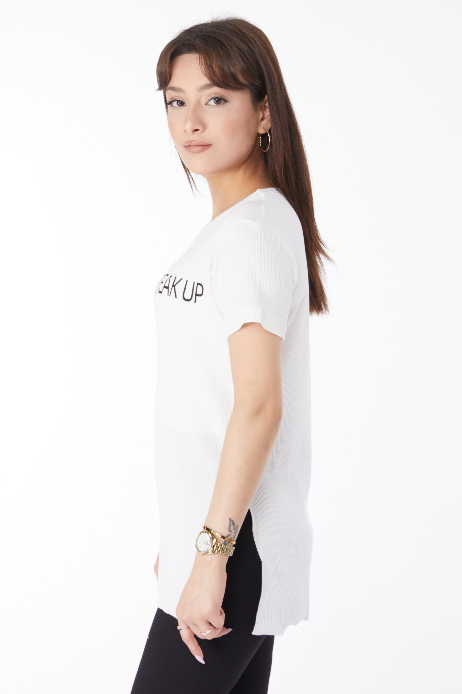 Düz Orta Kadın Beyaz Baskılı Yırtmaçlı T-shirt - 24791 - 4