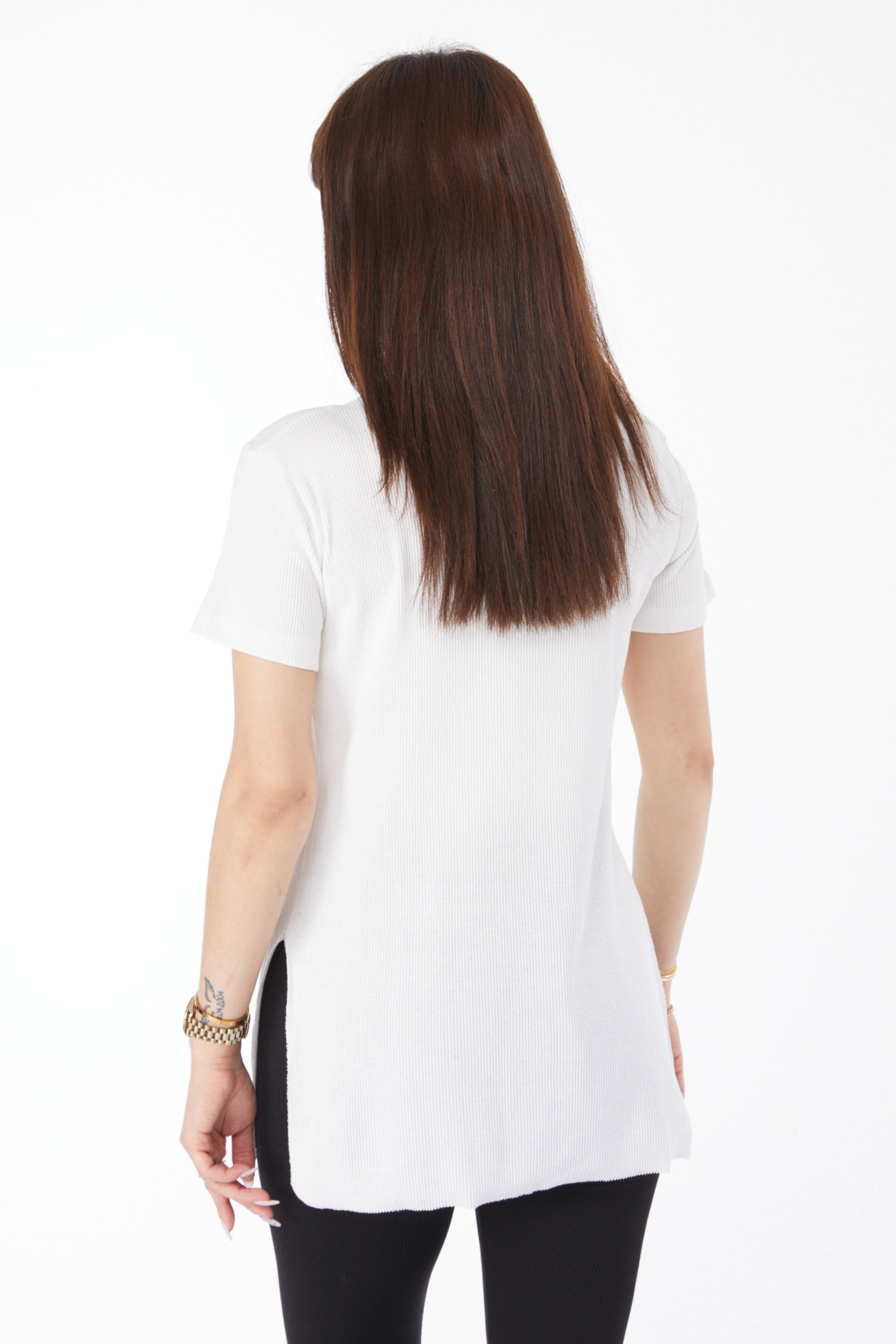 Düz Orta Kadın Beyaz Baskılı Yırtmaçlı T-shirt - 24791 - 5