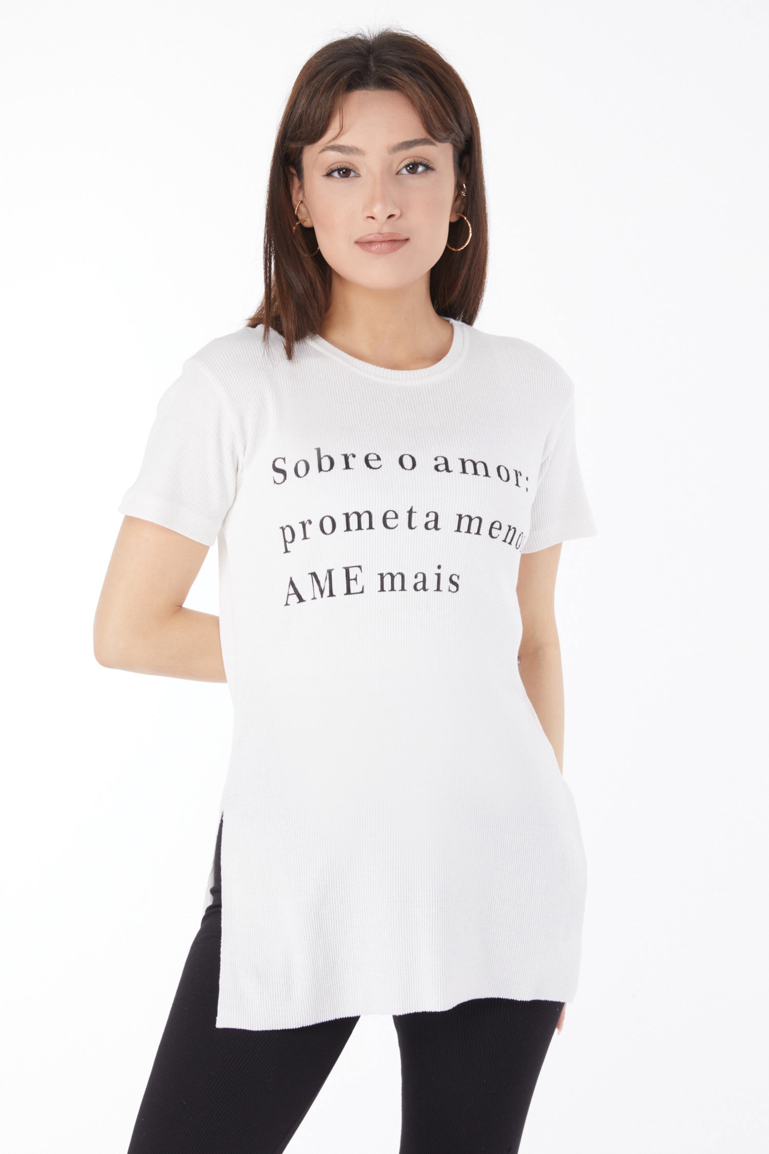 Baskılı Yırtmaçlı T-shirt Beyaz - 24792 - 2