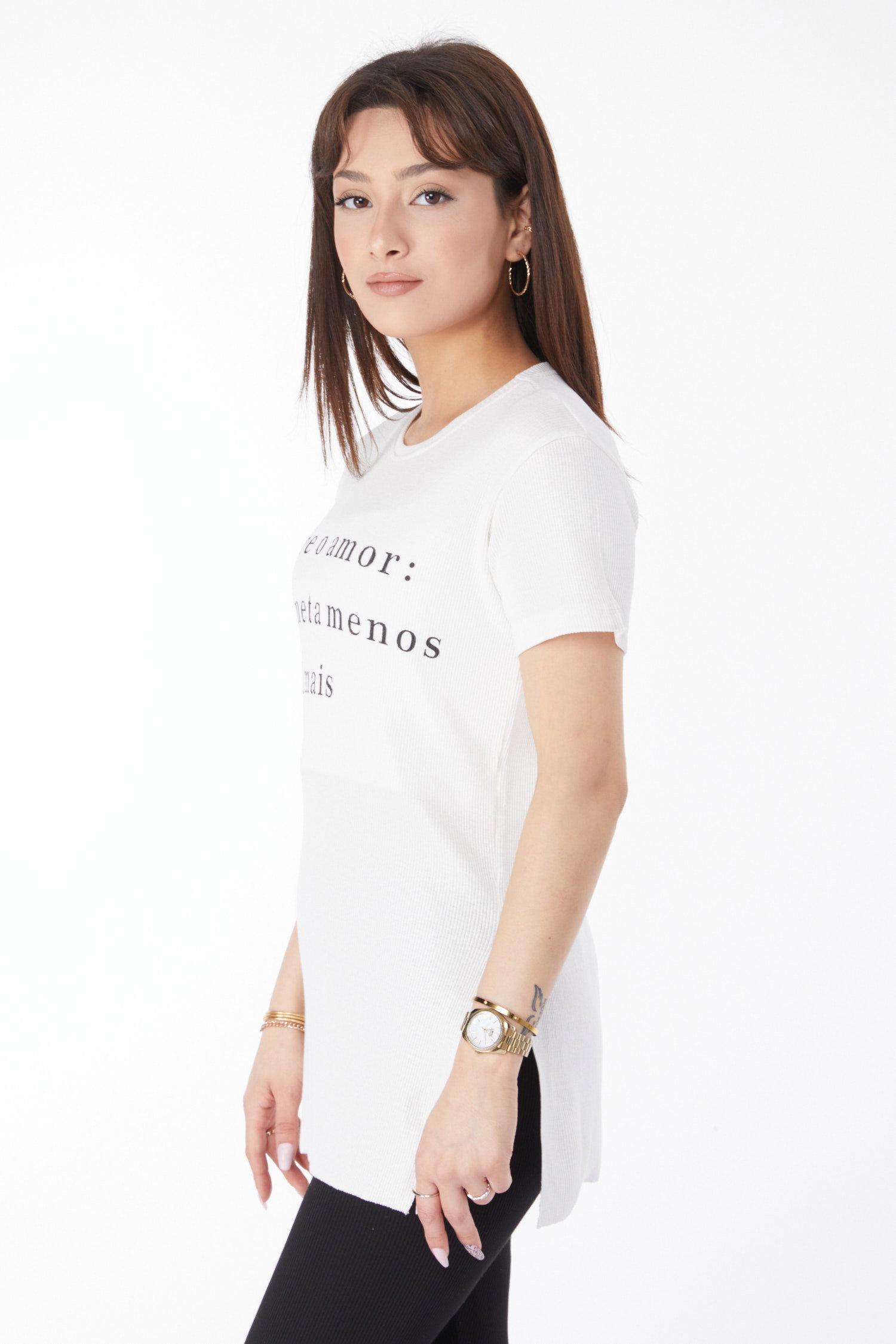 Baskılı Yırtmaçlı T-shirt Beyaz - 24792 - 4