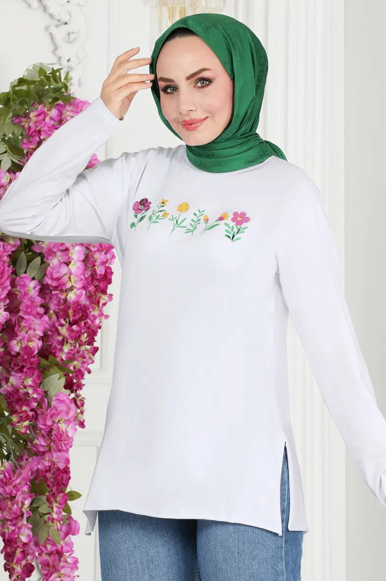 Kadın Bisiklet Yaka Çiçek Baskılı Tunik Beyaz - 26628 - 3