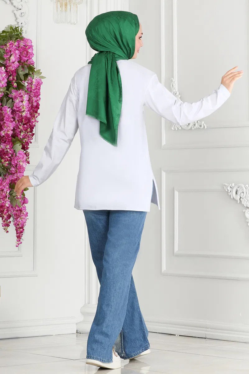 Kadın Bisiklet Yaka Çiçek Baskılı Tunik Beyaz - 26628 - 2