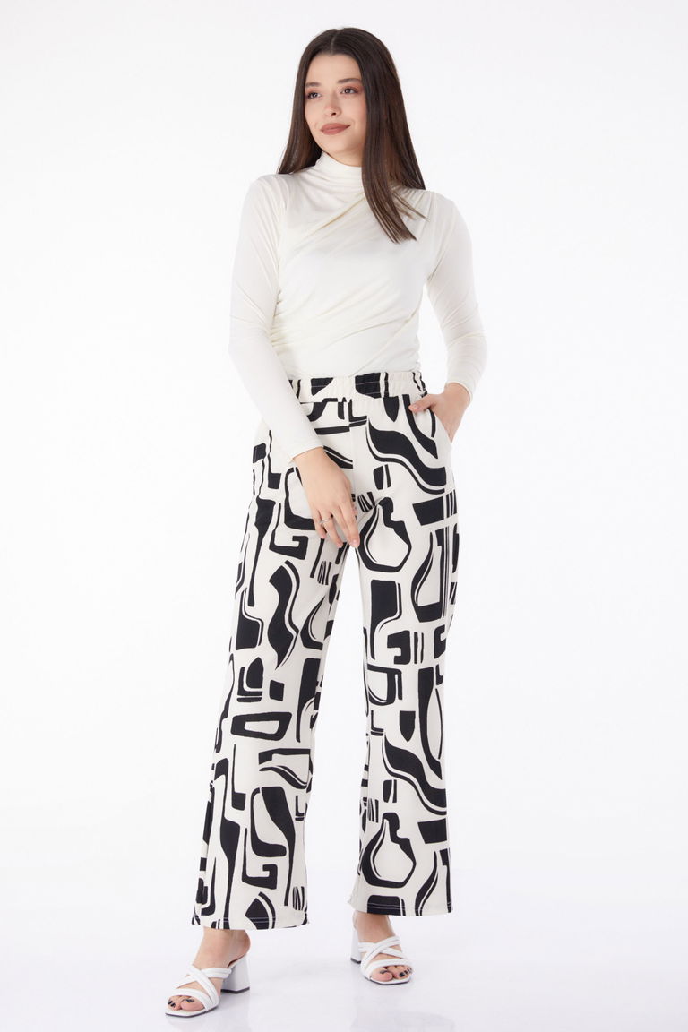 Düz Orta Kadın Beyaz Desenli Pantolon - 25317 - TOFİSA
