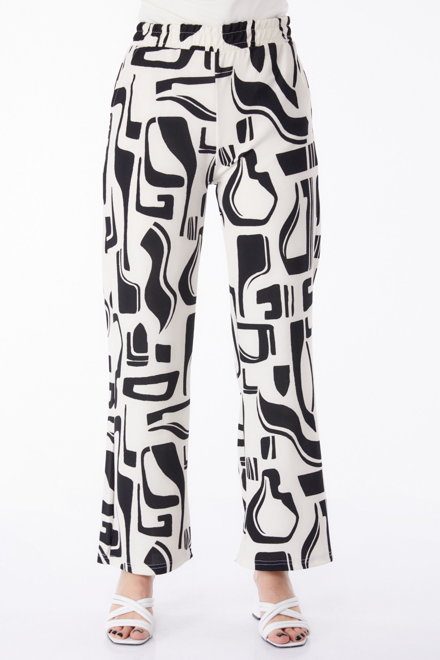 Düz Orta Kadın Beyaz Desenli Pantolon - 25317 - 3