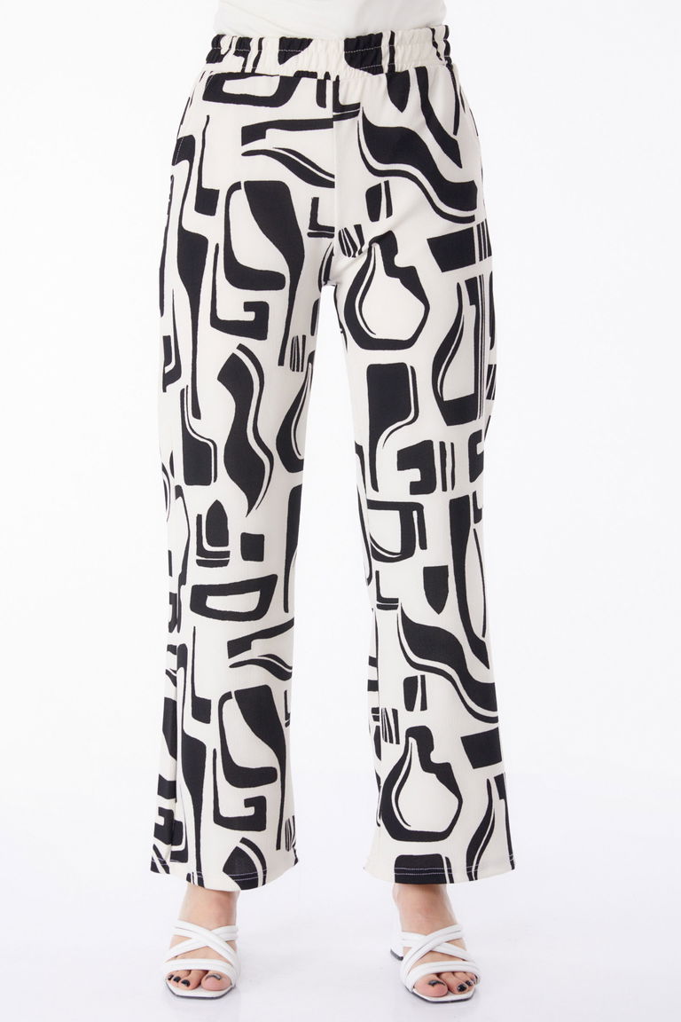 Düz Orta Kadın Beyaz Desenli Pantolon - 25317 - TOFİSA