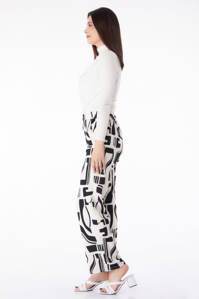 Düz Orta Kadın Beyaz Desenli Pantolon - 25317 - TOFİSA