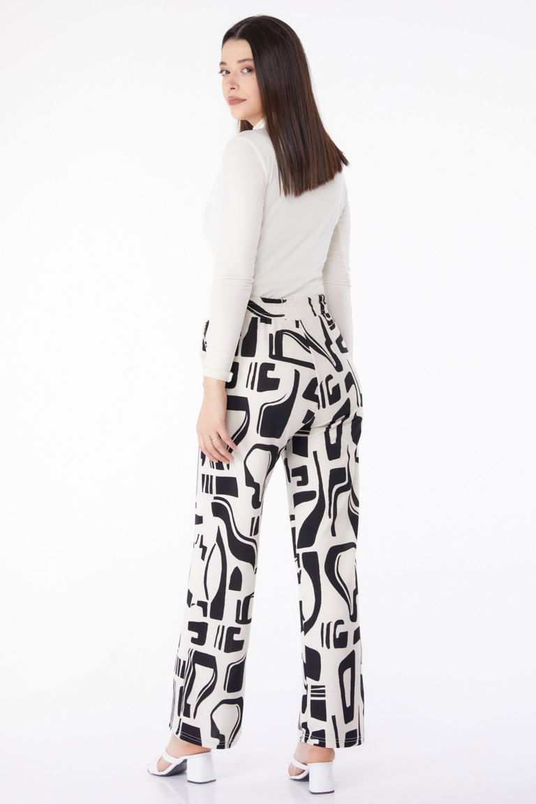 Düz Orta Kadın Beyaz Desenli Pantolon - 25317 - TOFİSA