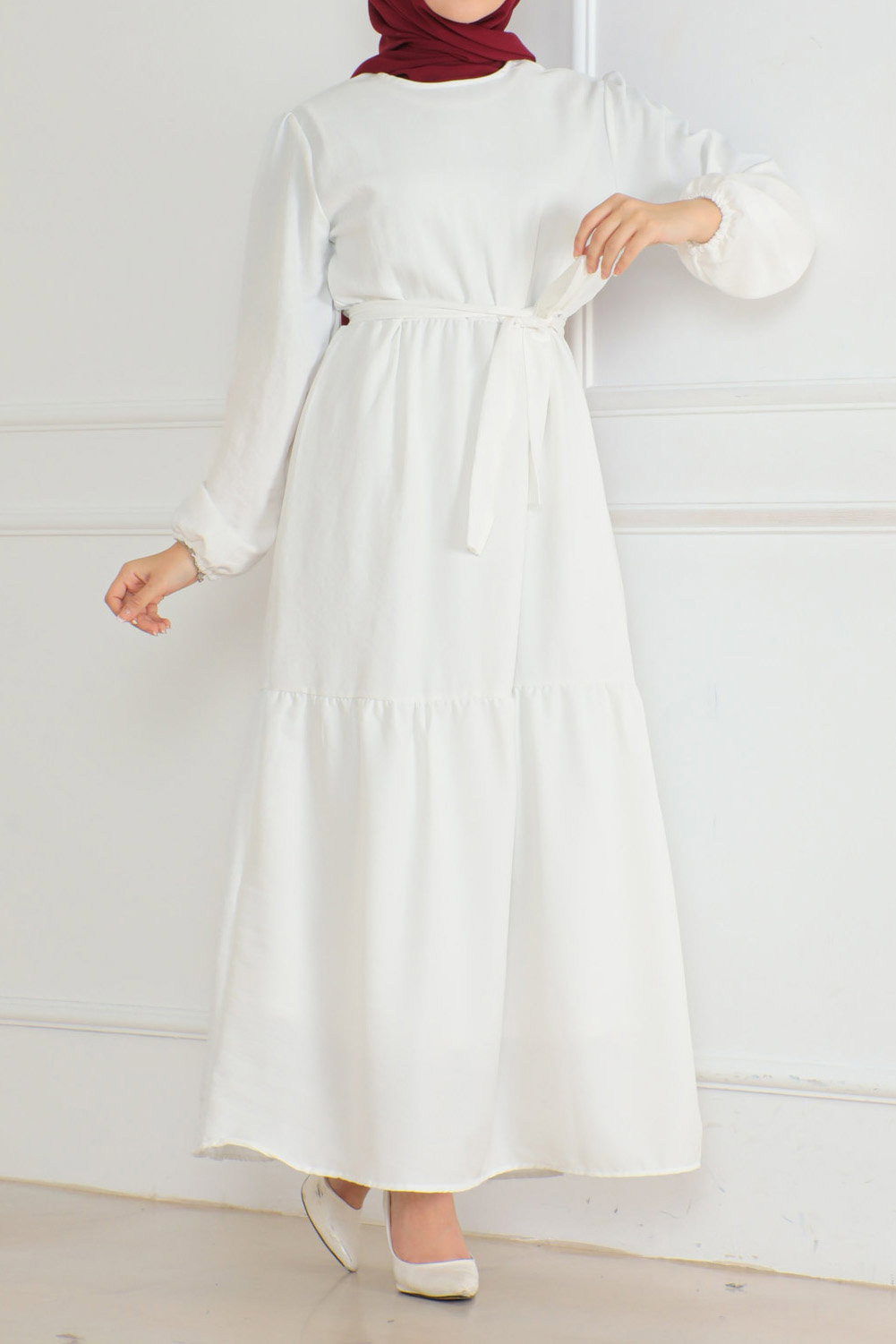 Katlı Elbise Beyaz - 26624 - 1