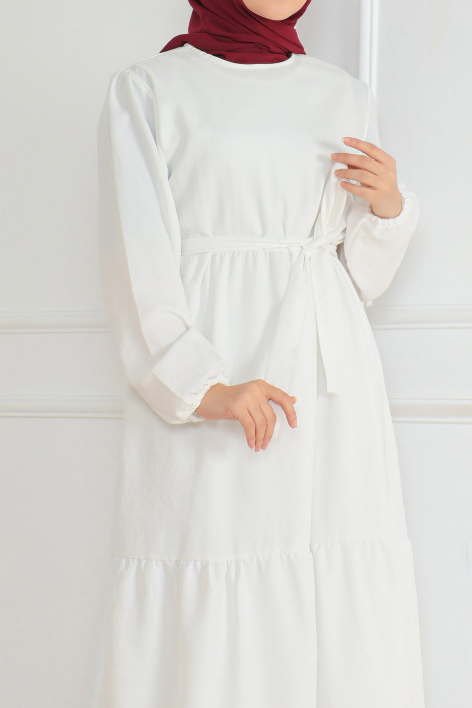 Katlı Elbise Beyaz - 26624 - 3