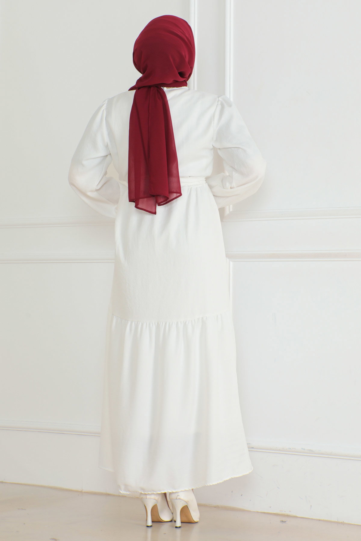 Katlı Elbise Beyaz - 26624 - 4