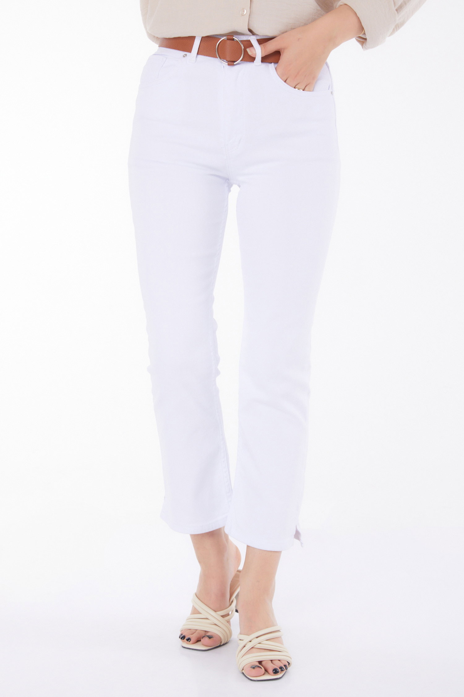 Kemerli Kot Pantolon Beyaz - 25741 - 2