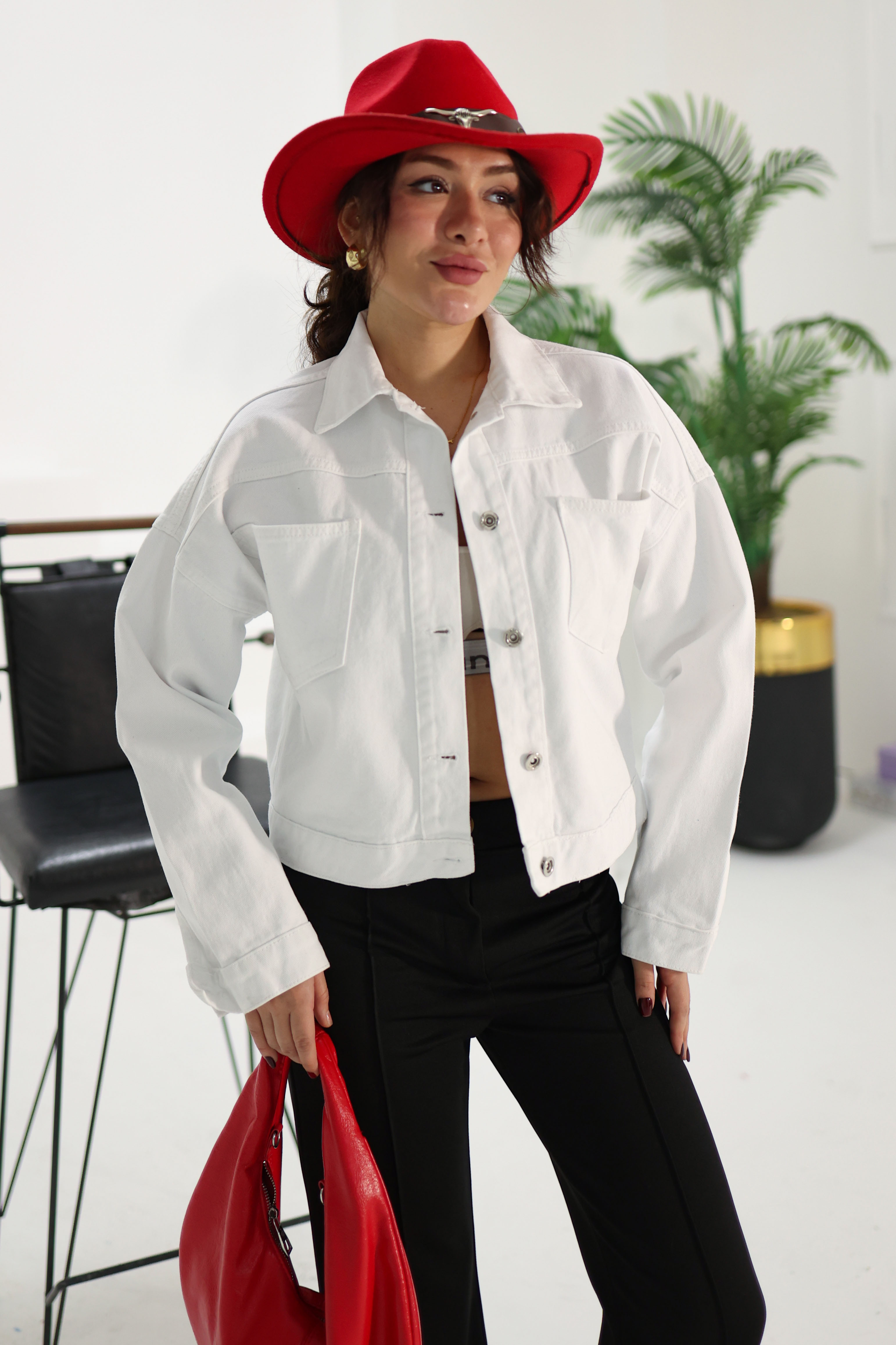 Kadın Çift Cepli Crop Kot Ceket Beyaz - 26573 - 3