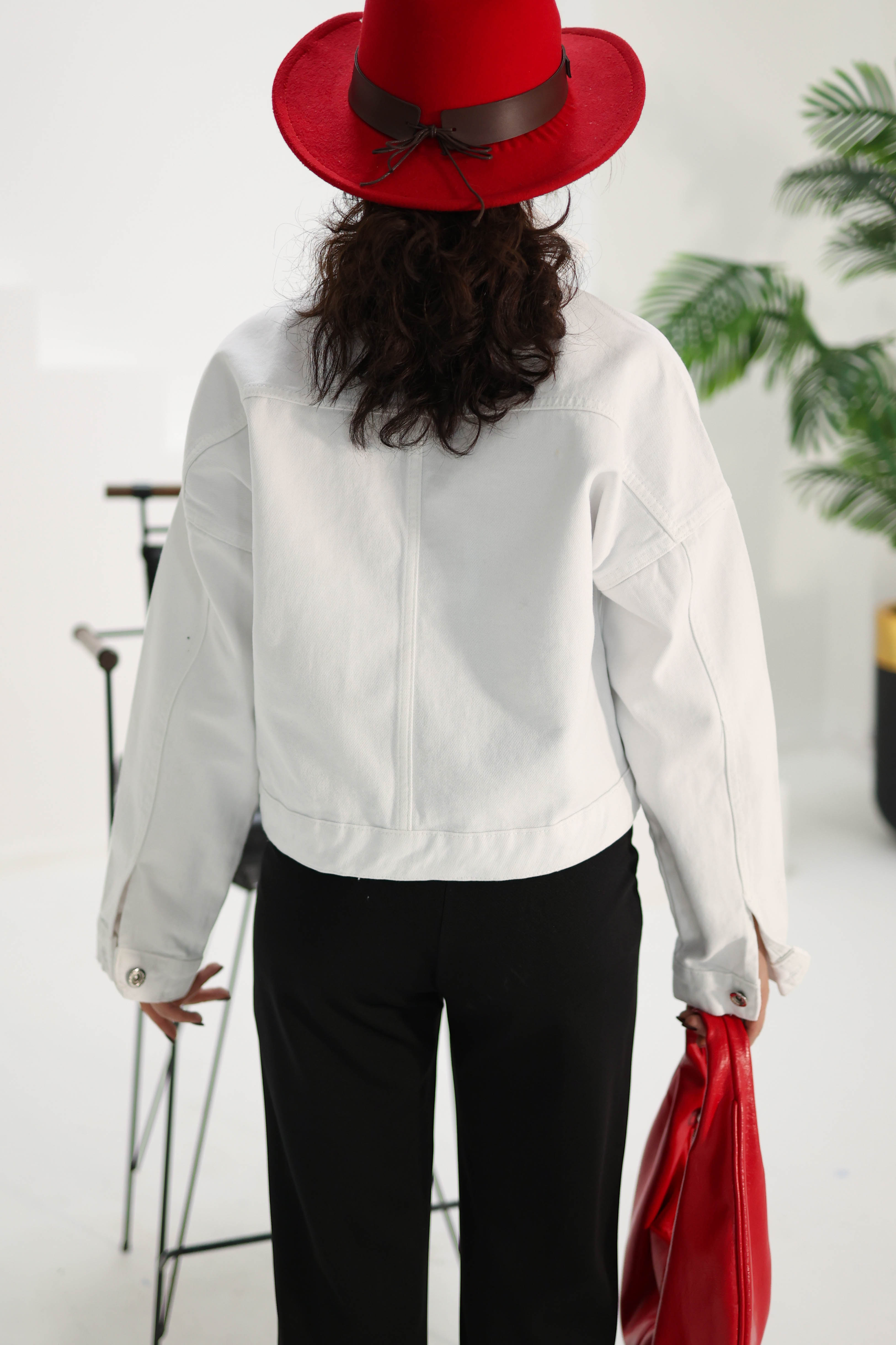 Kadın Çift Cepli Crop Kot Ceket Beyaz - 26573 - 5