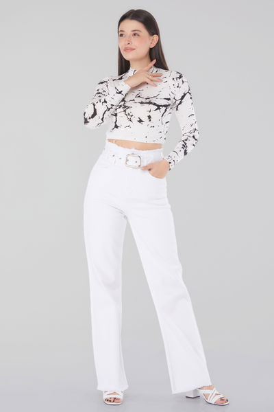 Püskül Detaylı Kot Pantolon Beyaz - 25739 