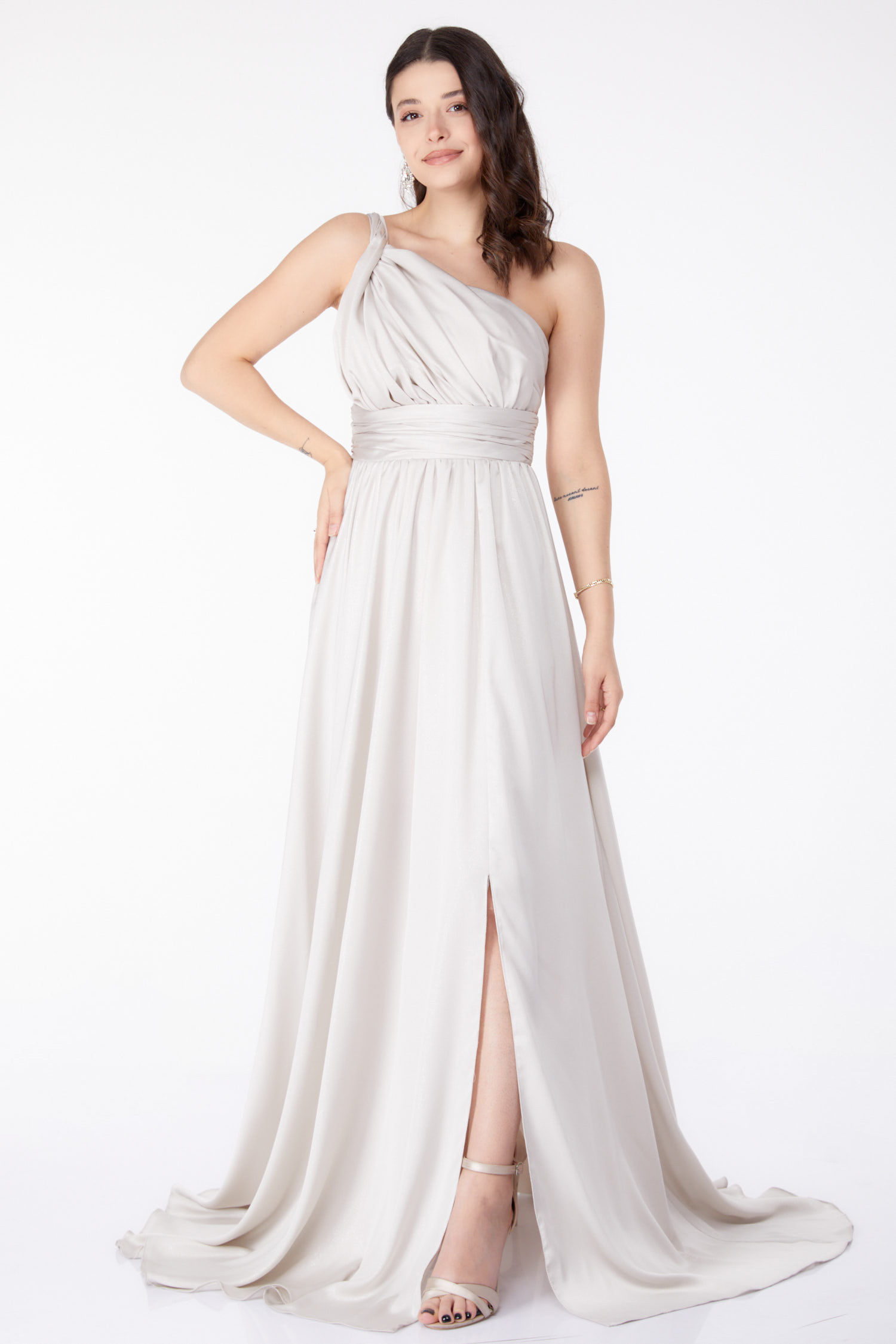 Simli Kolsuz Abiye Elbise Beyaz - 25460 - 2